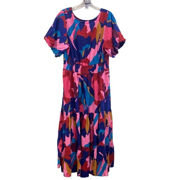 Mister zimi Zuri rayon colorful V-Neck midi dress balloon sleeve size 10 #720 - Picture 7 of 13